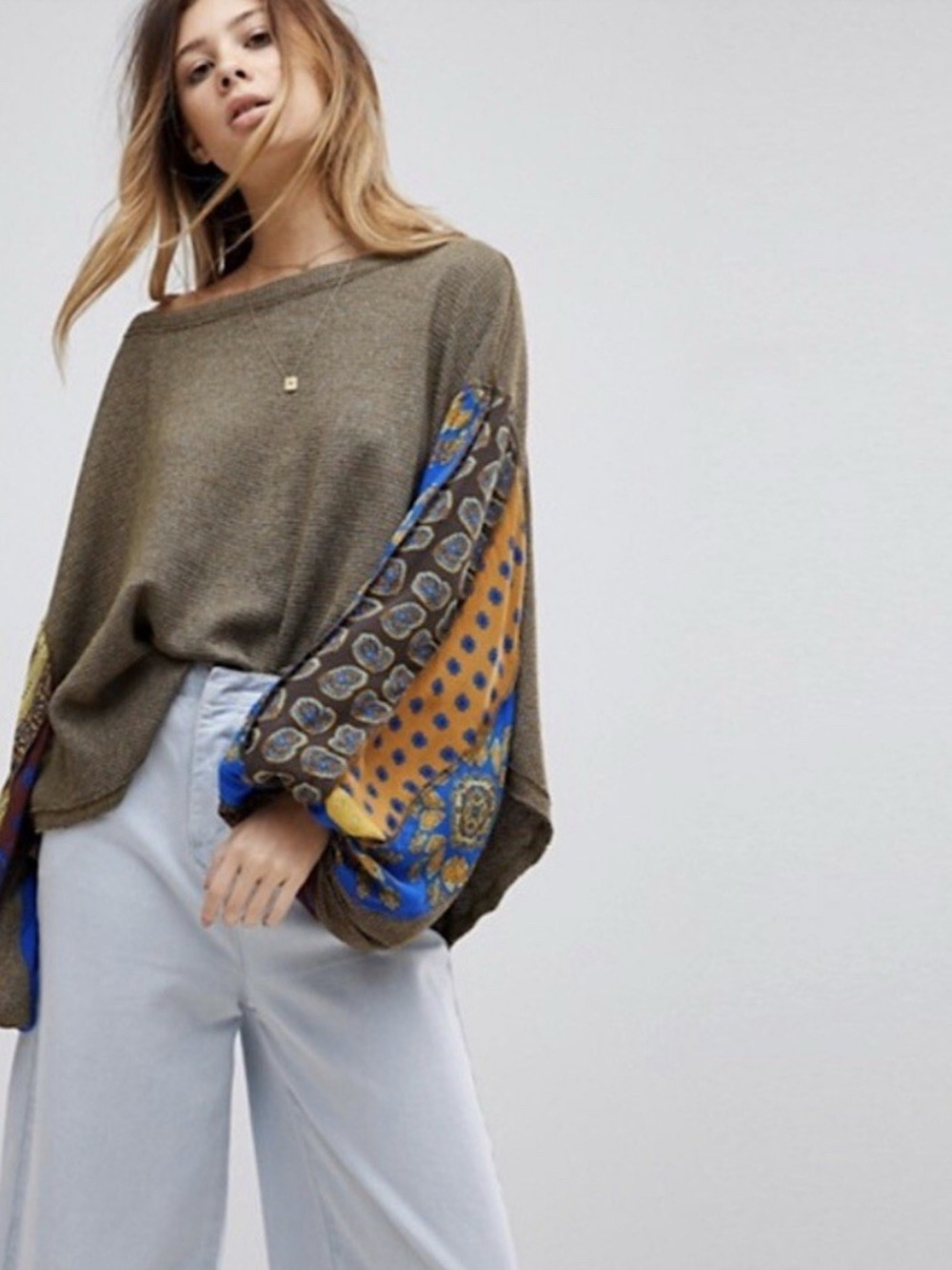 Free People Waffle Knit/Balloon Sleeve Top